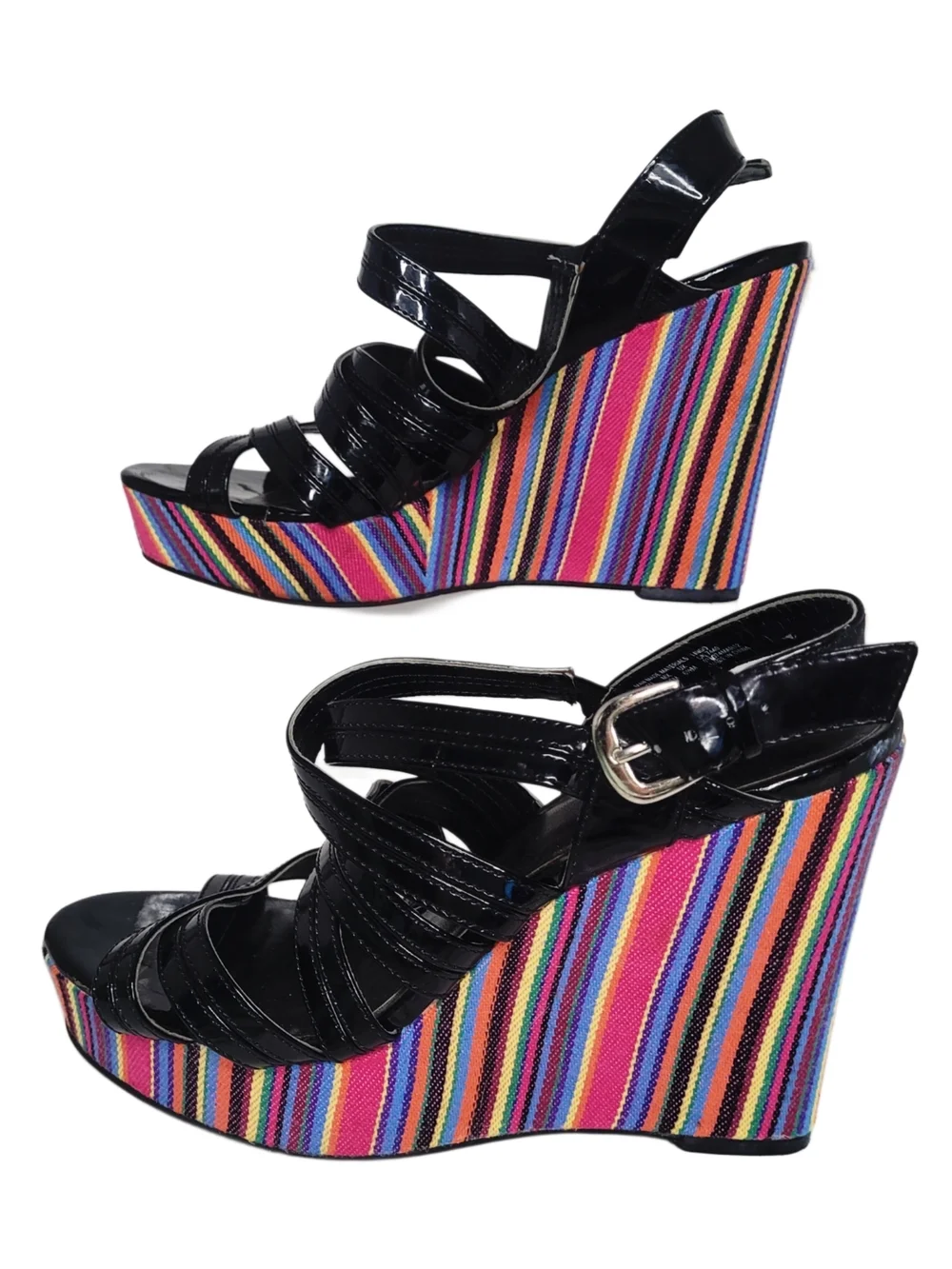 Retro Westies Black Patent Strappy Wedge Sandals w/ Fabric Rainbow Stripes